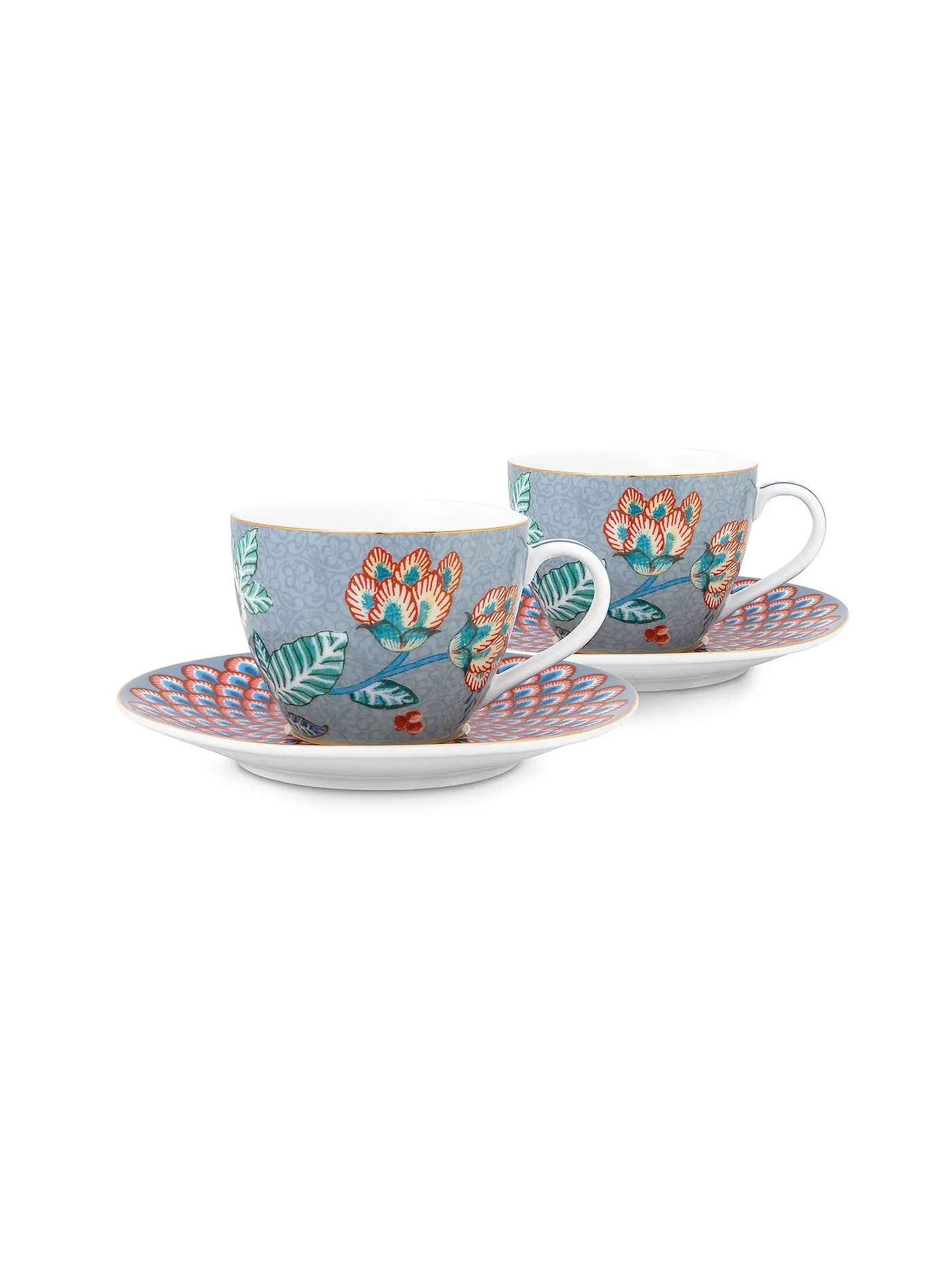 PIP STUDIO | Espressotassen Set mit Untertasse 2er 120ml Flower Festival Dark Pink | hellblau